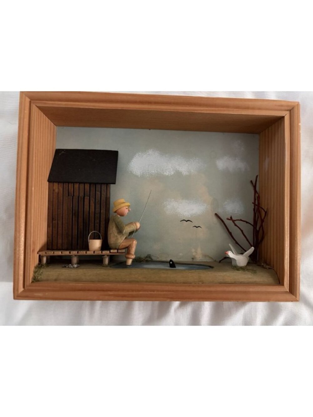 German Handmade Wood Fishing Fisherman Shadow Box Wall Hanging Art